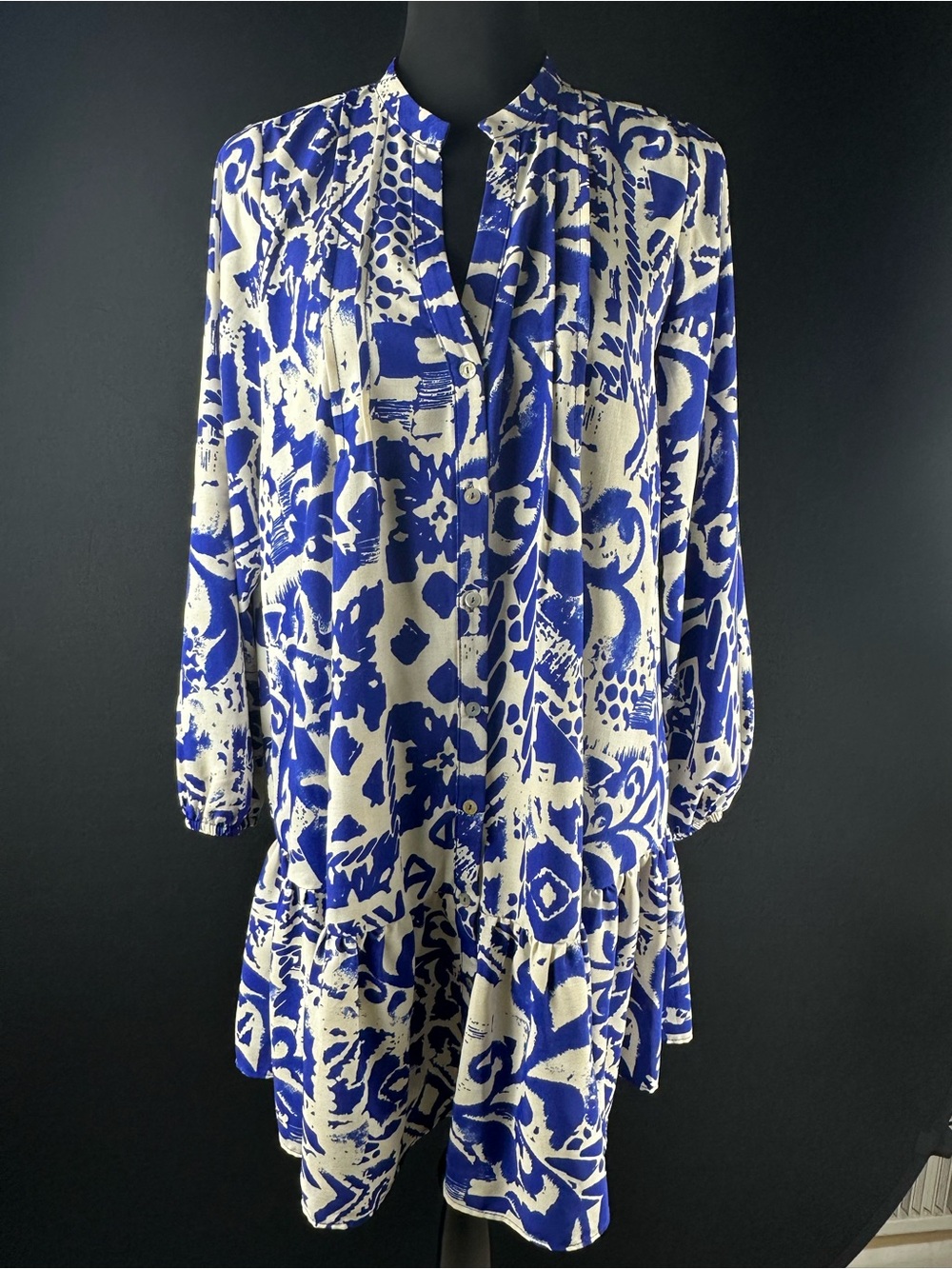 Zara Blue White Abstract Print Long Sleeve Mini Dress Relaxed Fit Size M